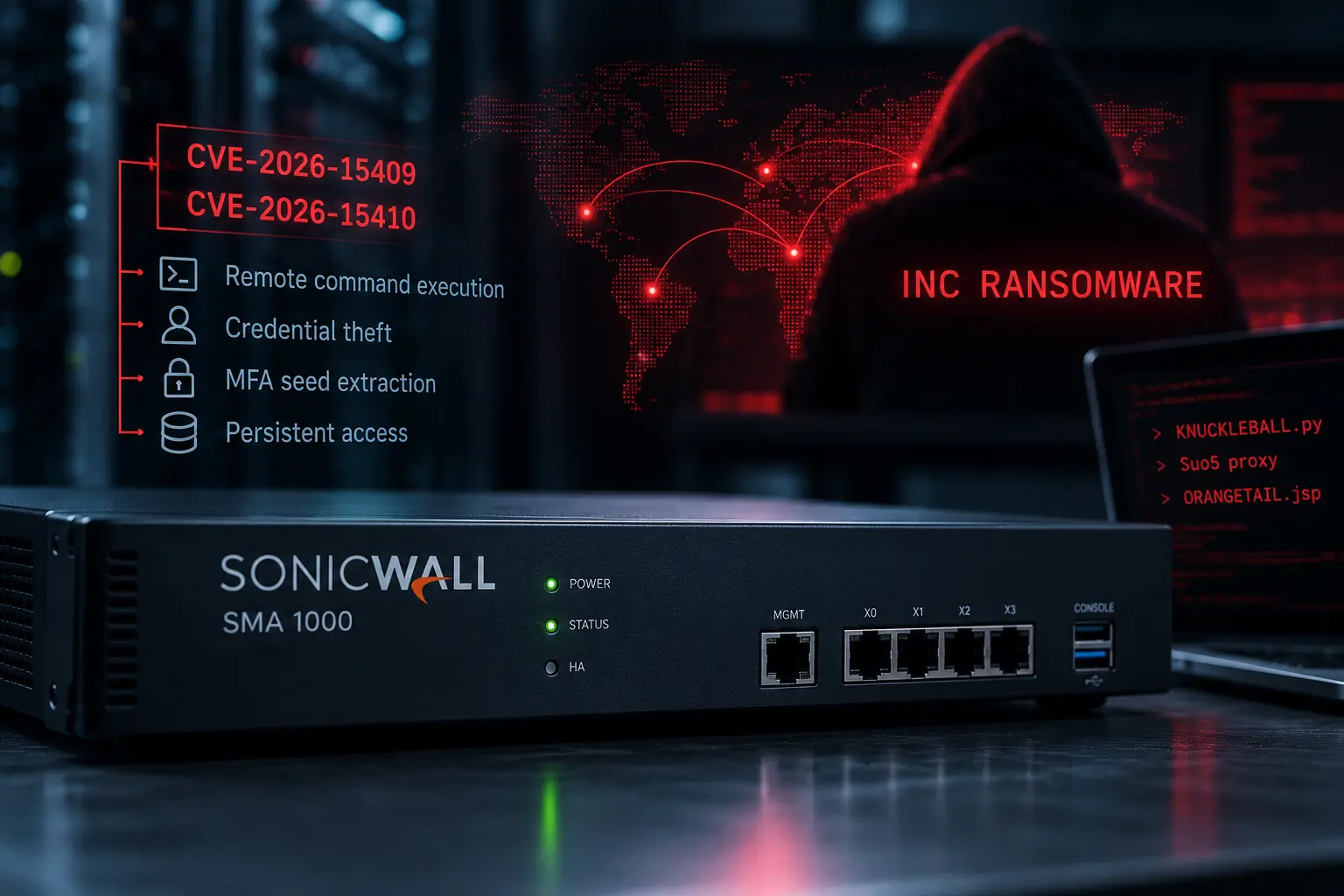 INC Ransomware enchaîne deux failles zero-day de SonicWall SMA1000 pour voler des identifiants MFA et garder un accès persistant